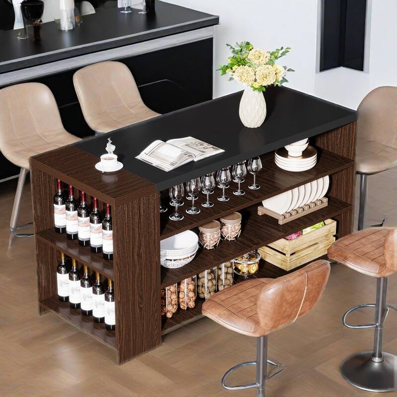 Dark Brown Kitchen Island with Storage Shelves and Spacious Tabletop for Home Cooking - 55.12”L x 21.65”W x 35.43”H