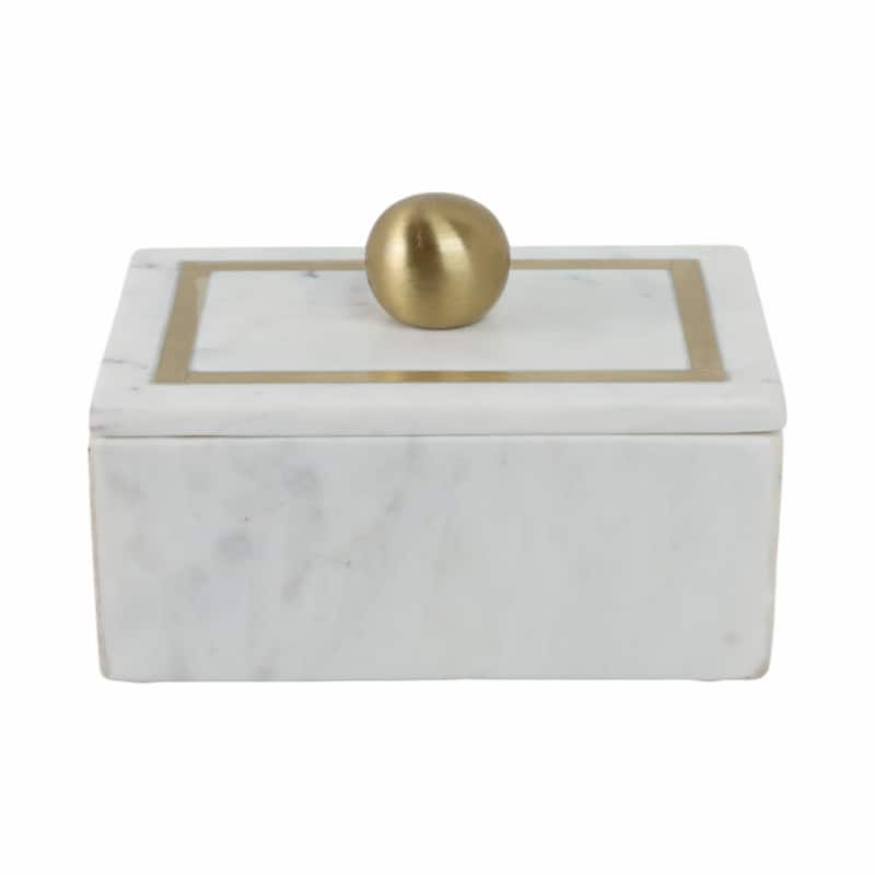 Decorative Box Marble Stone Metal Brass Modern Storage Container with Removable Lid - 7" x 5" x 5" - White