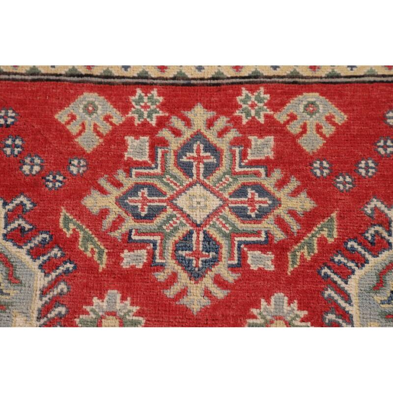 Geometric Kazak Accent Rug Handmade Red Wool Carpet - 3'2"x 5'0"