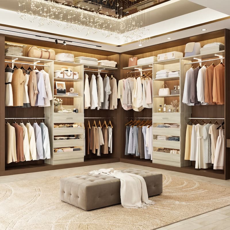 96'' Closet Organizer System with Wood Drawers, Wardrobe with Storage Shelves and 4 Hanging Rods