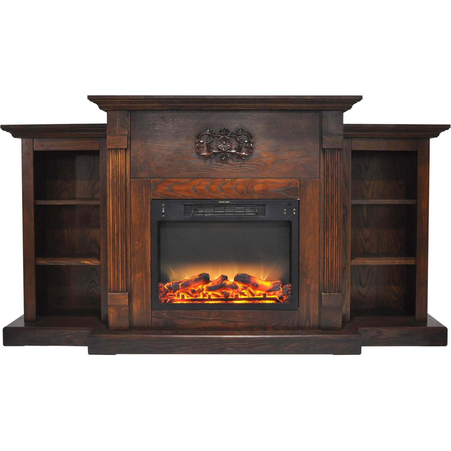 Hanover Classic 72 In. Electric Fireplace in Walnut with Built-in Bookshelves and an Enhanced Log Display
