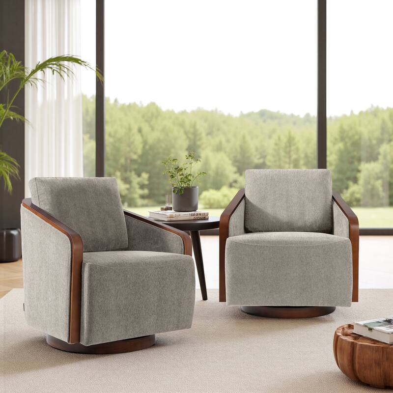 Set of 2 Modern Swivel Accent Barrel Chairs with Wood Arms