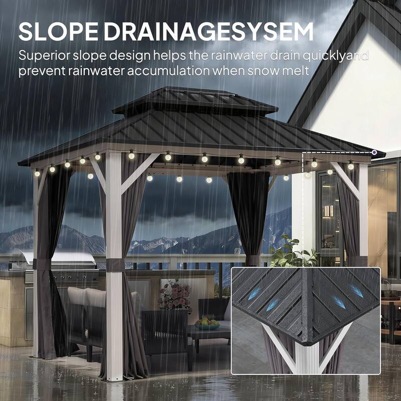 PURPLE LEAF Patio Hardtop Gazebo for Outdoor Grey Galvanized Steel Double Roof White Aluminum Poles