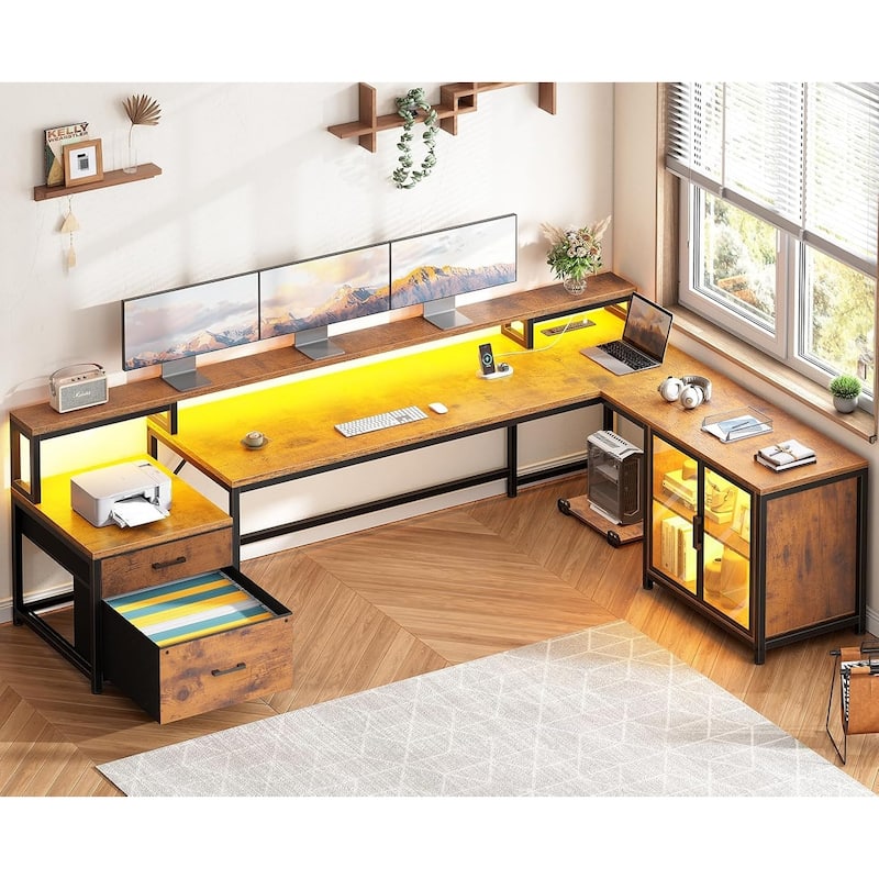 L Shaped Gaming Desk Drawers Computer Desk with Display Cabinet - Brown - 2 Drawers 
