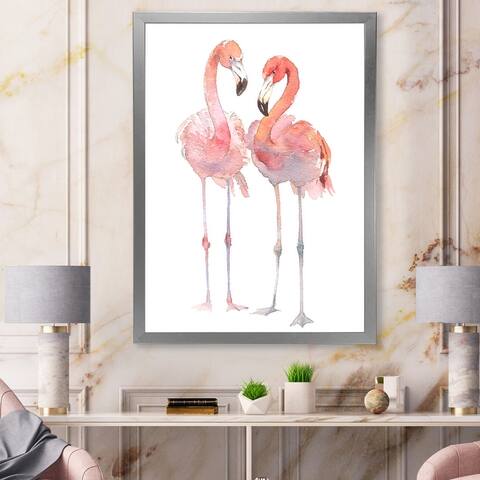 Designart 'Pink Flamingos On White II' Traditional Framed Art Print