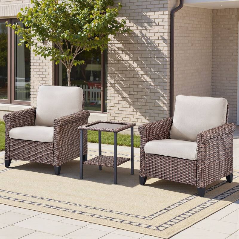 Pocassy Outdoor Sofa with Patio Chairs Funiture Set - 3PCS Patio Chair w/ Table - Brown Wicker Blue Cushion