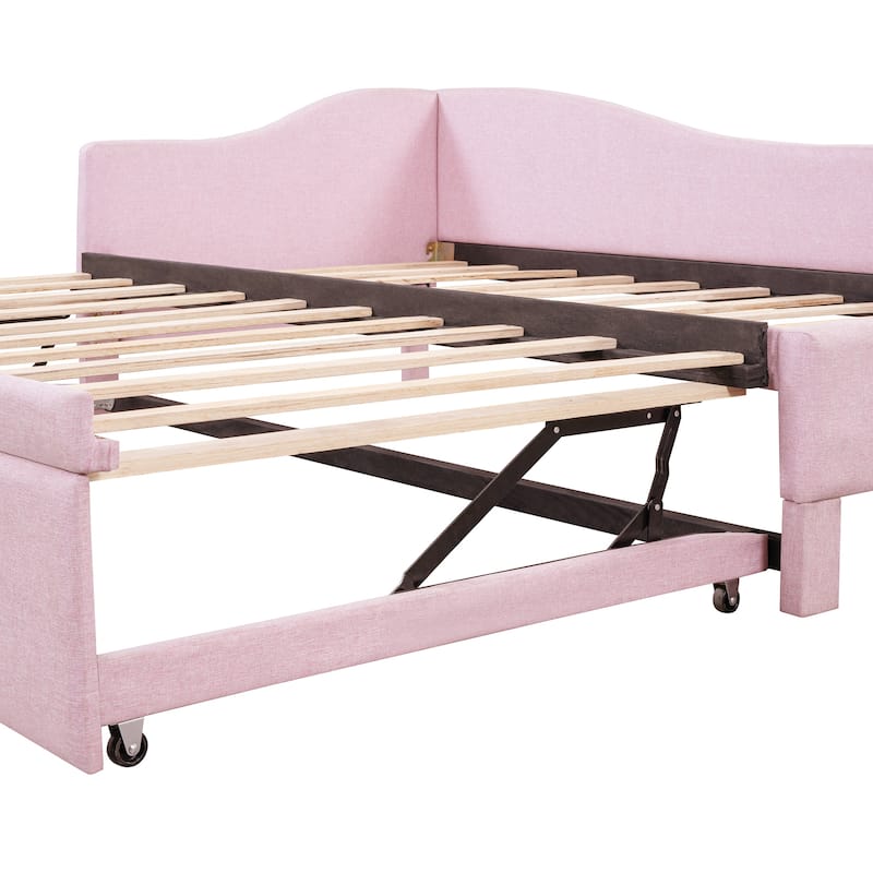 Twin Size L-Shaped Upholstered Daybed with Pop-Up Trundle in Pink