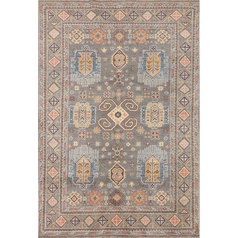 Traditional Kazak Oriental Area Rug Hand-Knotted Grey Wool Carpet - 4'1" x 6'2"