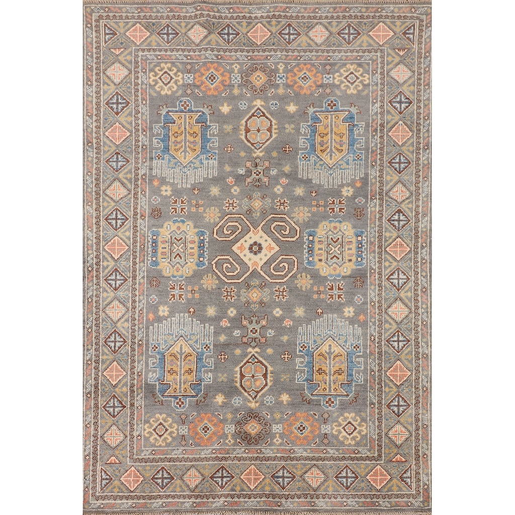 Traditional Kazak Oriental Area Rug Hand-Knotted Grey Wool Carpet - 4'1" x 6'2"