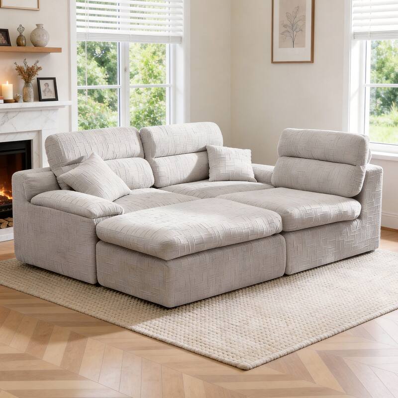 111" L-Shaped Slub Chenille Sofa with High Backrest, No Assembly Required