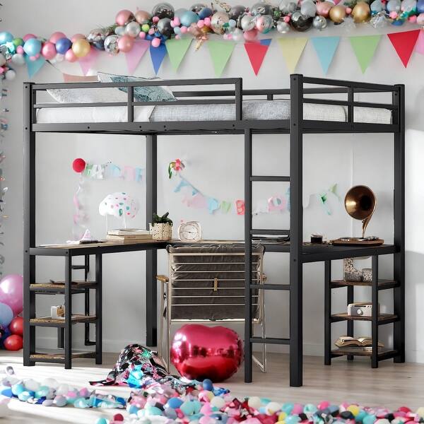 slide 2 of 13, Kids and Baby Full Size Loft Bed with Desk,Shelves,Ladder and Guardrails Black