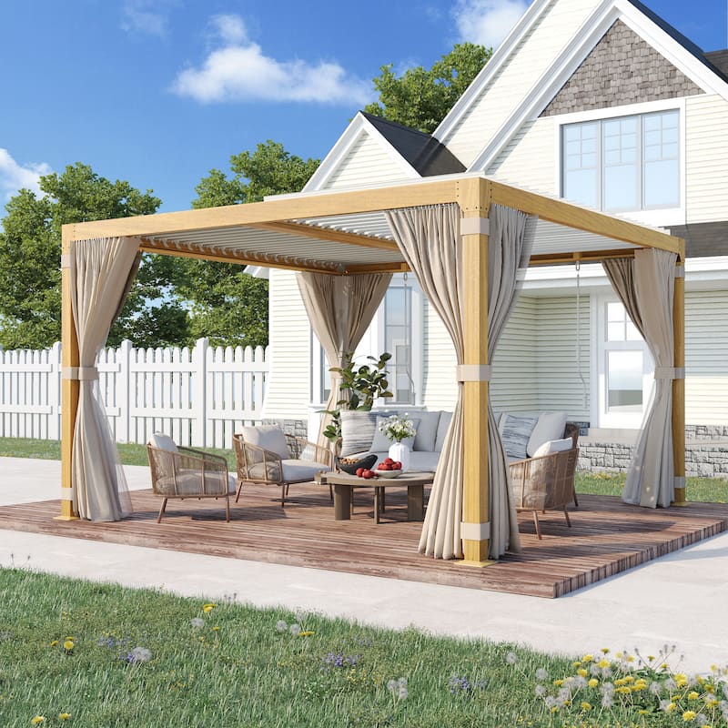 EROMMY Outdoor Louvered Pergola Gazebo with Adjustable Aluminum Rainproof Roof - 12'x12' - Wood