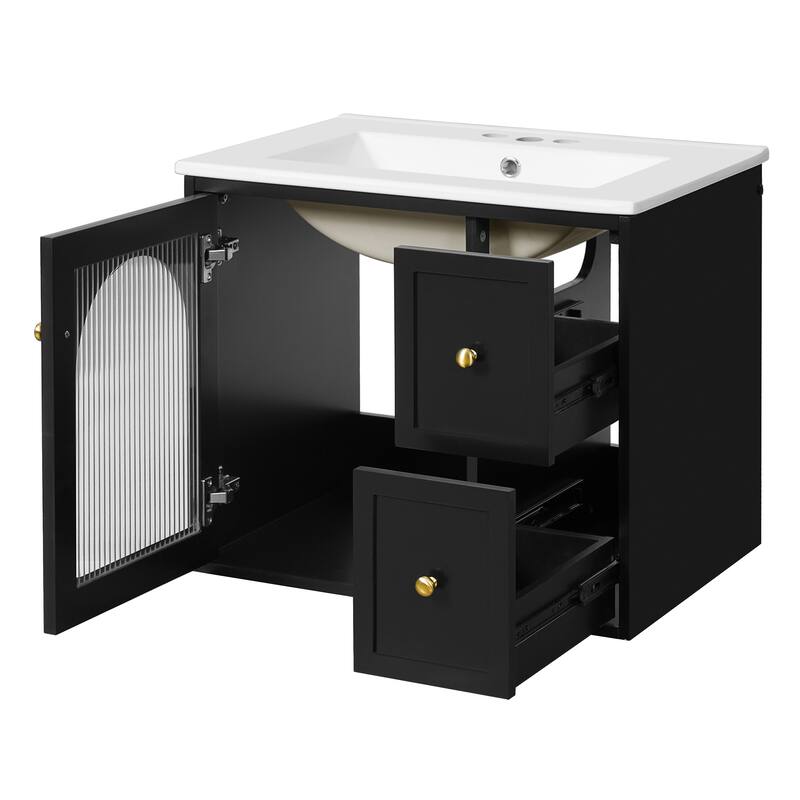 24" Wall-Mounted Bathroom Vanity with Ceramic Sink Combo, Floating Bathroom Storage Cabinet with Glass Doors & 2 Drawers