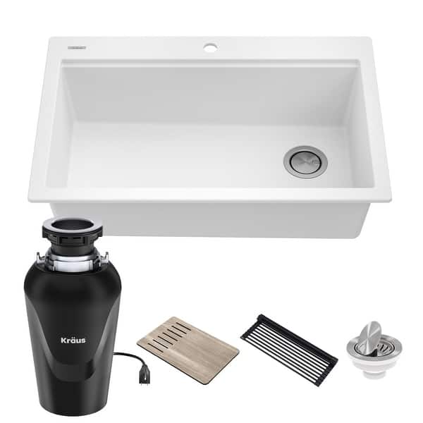 slide 19 of 63, KRAUS Bellucci Workstation 33-inch Drop-in Granite 1-bowl Kitchen Sink 33" L x 22" W (sink KGTW1-33WH) w/ KWD100-75MBL - White Sink with Black Garbage Disposal