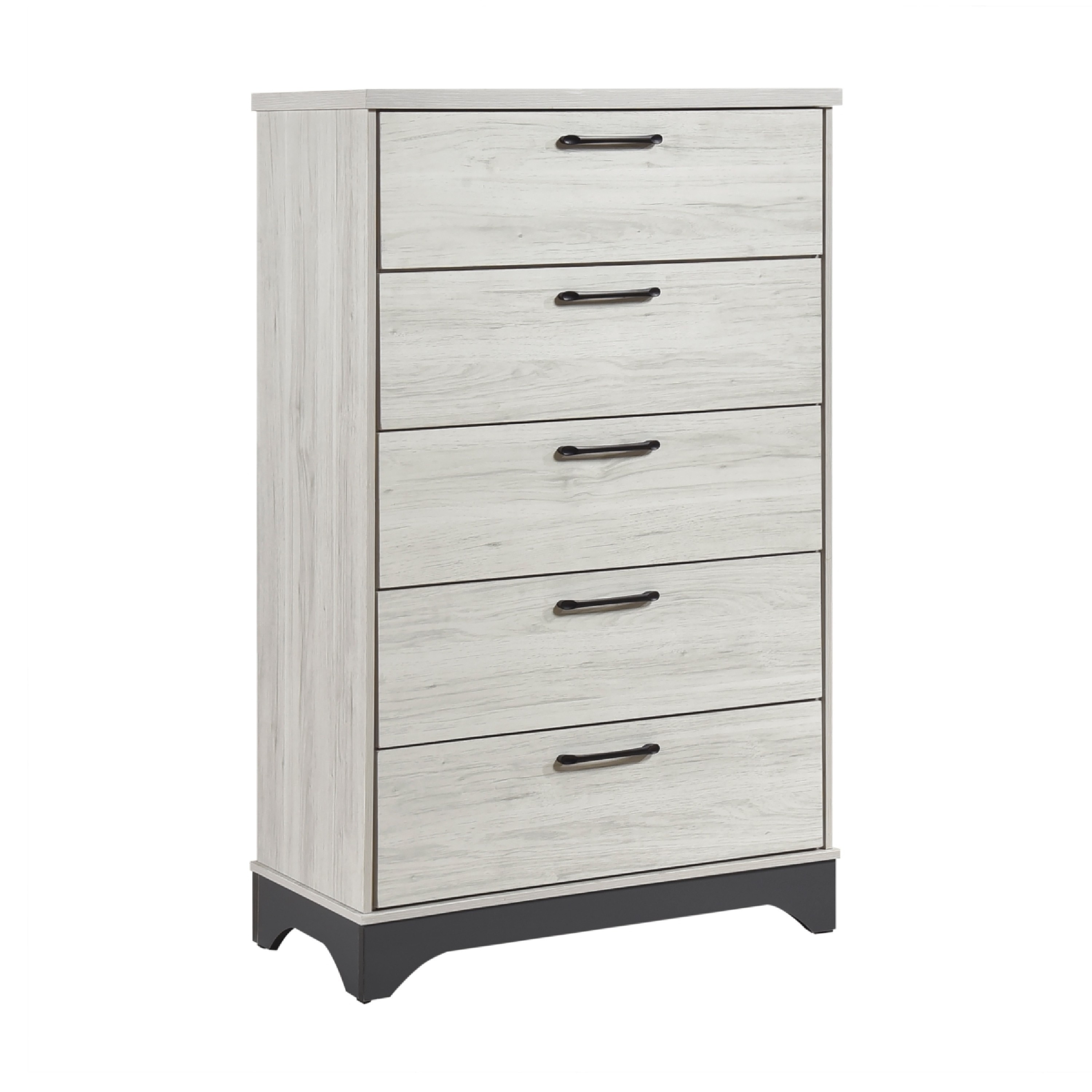 Benjara Wly Tall Dresser Chest, 5 Drawers with Black Handles, White Oak & Gray