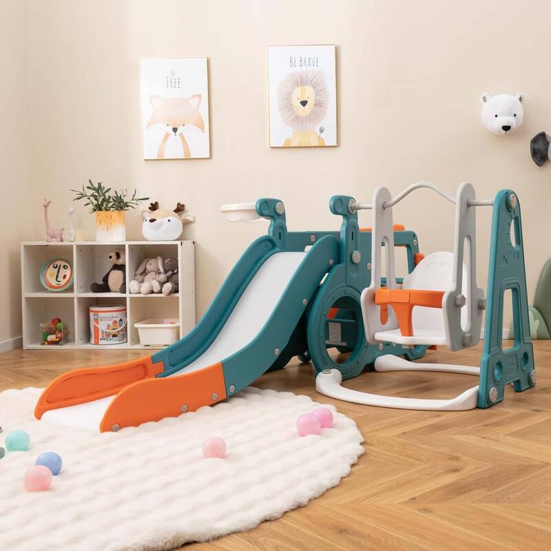 5-in-1 Baby Indoor Toddler Slide Set w/ Basketball Hoop & Swing