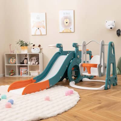 5-in-1 Baby Indoor Toddler Slide Set w/ Basketball Hoop & Swing