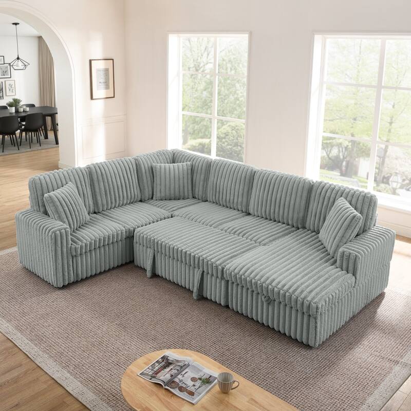 114” Modern Corduroy Striped U-shaped Combination Sofa with Pull-out Bed and Storage Chaise
