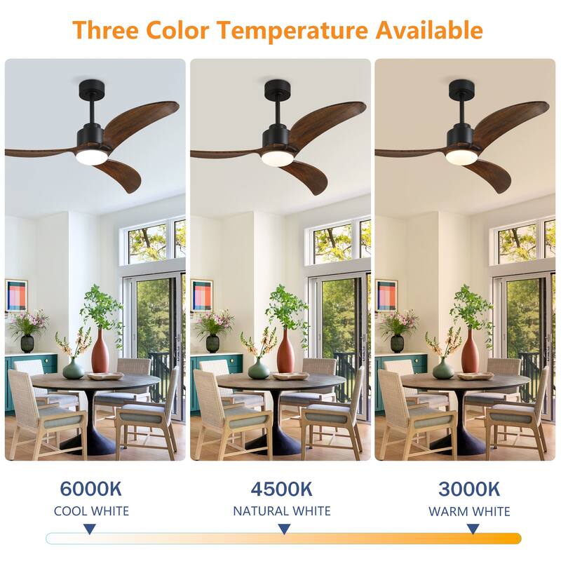 52 Inch Ceiling Fan with Dimmable LED Light, Solid Wood Blades, Quiet Reversible DC Motor, Remote, 6 Speeds, 3 Downrods