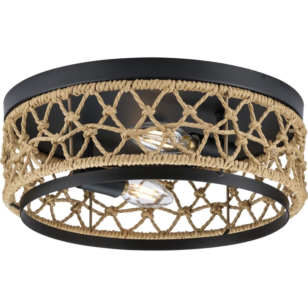 Chandra Collection 12 in. Two-Light Matte Black Global Flush Mount with Woven Shade - 12 in x 12 in x 4.25 in
