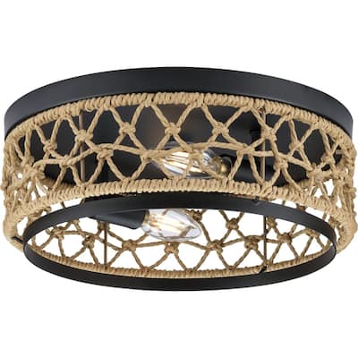 Chandra Collection 12 in. Two-Light Matte Black Global Flush Mount with Woven Shade - 12 in x 12 in x 4.25 in