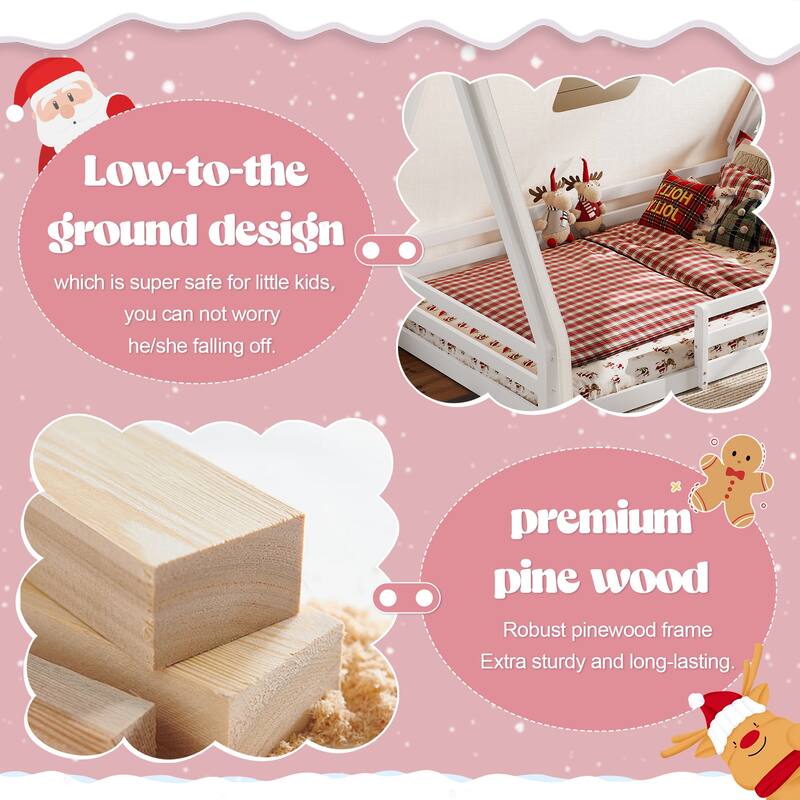 Montessori House Floor Bed with Tent and Lights, Solid Wood Teepee Bed with Guardrails, Twin/Full Kids Bed Frame