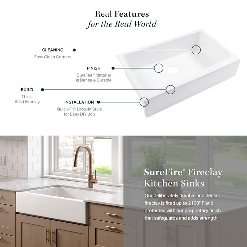 Grace Crisp White Fireclay 34" Single Bowl Quick-Fit Undermount Farmhouse Apron Front Traditional-Style Kitchen Sink and Drain