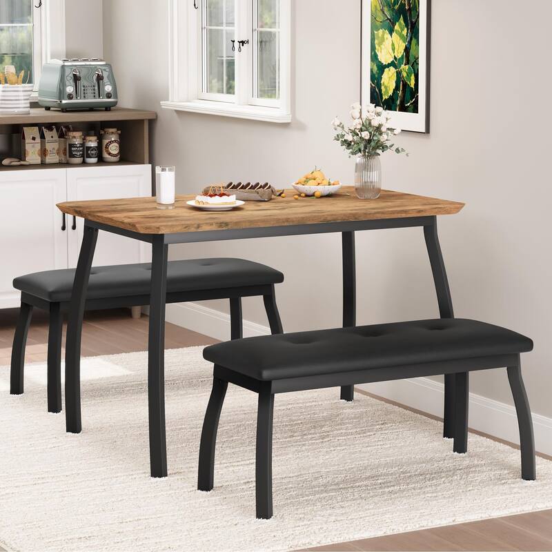 Dining Table Set for 4, with 2 Upholstered Benches - Rustic Brown