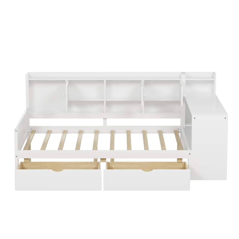 L-Shape Wooden Daybed with Storage, Study Desk, and Built-in Bookshelf, White