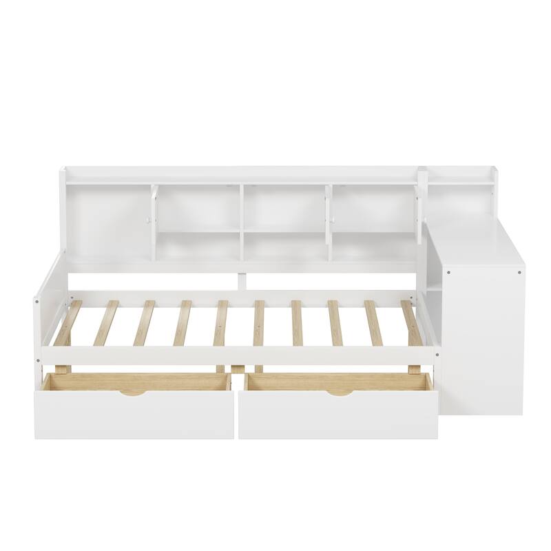 Wooden L Shaped Daybed with Bookcase and 2 Drawers, Multi-functional Corner Platform Sofa Bed Frame with Built In Desk
