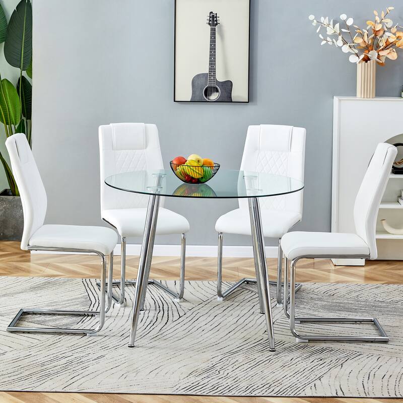 Modern 5-Piece Dining Set with Round Glass Top & 4 PU Upholstered Chairs