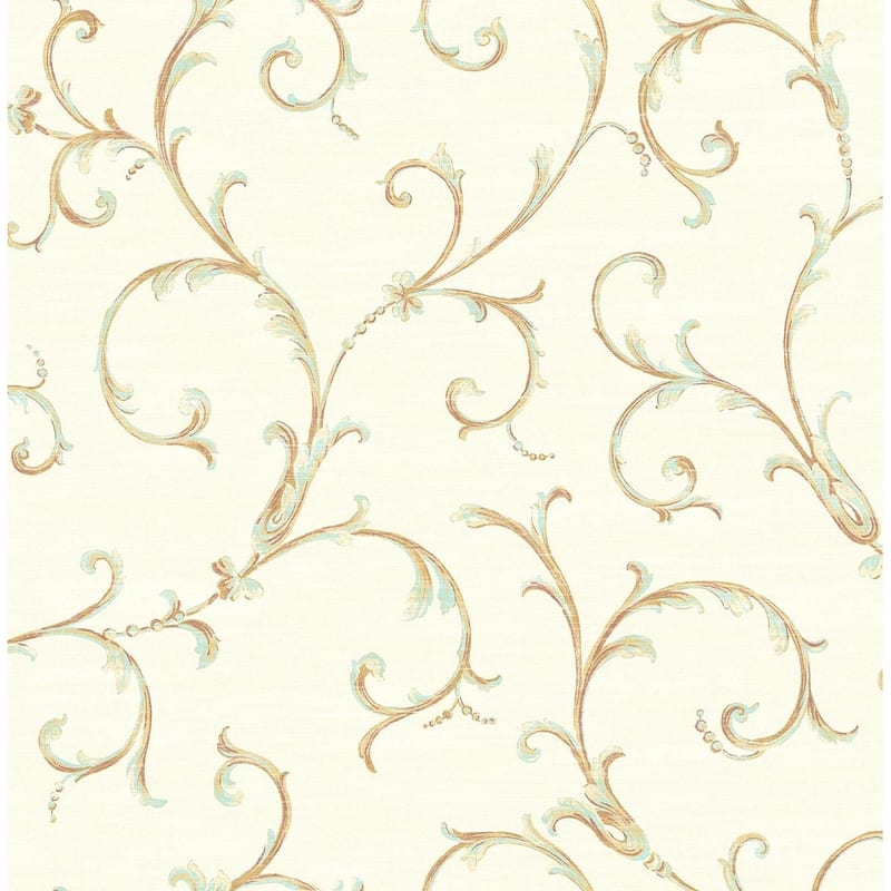 Seabrook Designs Shawna Scrolls Unpasted Wallpaper - 20.5 in. W x 33 ft. L - Light Brown & Tiffany