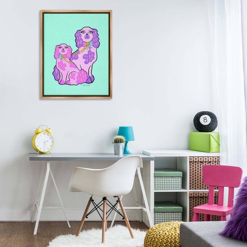 Stupell Funky Glam Dogs on Turquoise Framed Floater Canvas Wall Art Design By Katie Conley