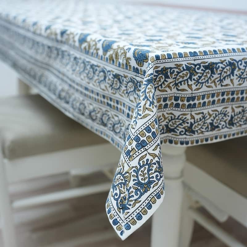 Fabdivine Handmade Block Print Cotton Brown Table Cover or Cloth Dining, Farmhouse & Kitchen Décor - 72"X160" - Madhubala- Dark Blue, Brown