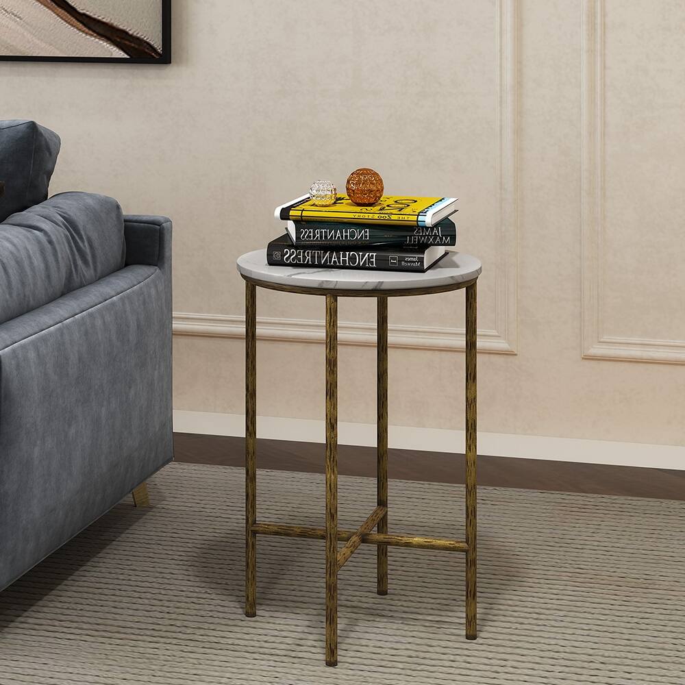 Moasis Metal Round End Table with Marble Tabletop Bed Bath
