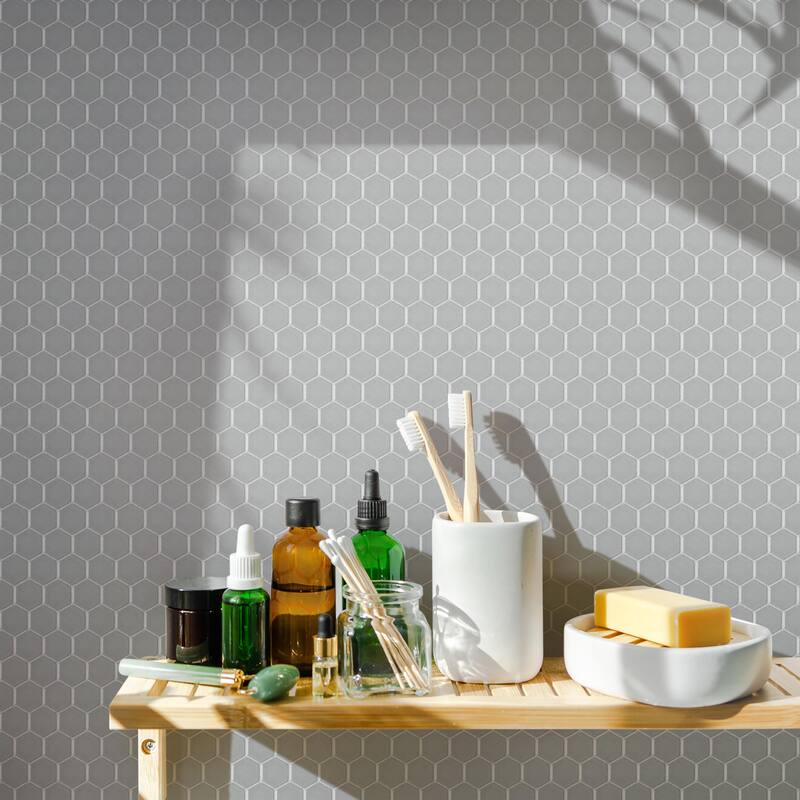 Merola Tile Metro 1" Hex Glossy Light Grey 10-1/4" x 11-7/8" Porcelain Floor and Wall Tile