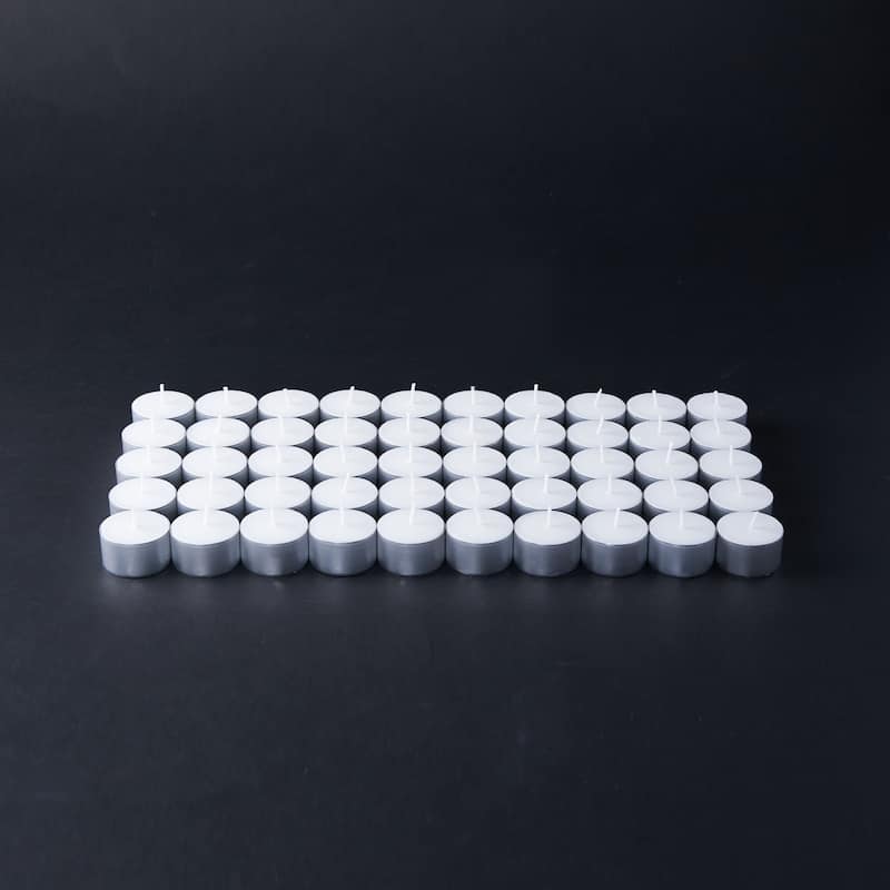 8 Hour Event Tealight Candles Set of 50 White Wax Tea Lights for Everyday Use Burn Time 8 Hours 0.88 in H x 1.5 in Dia