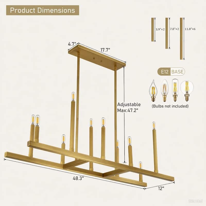 10 - Light Dimmable Modern Linear Kitchen Island Chandelier - 48.2 in