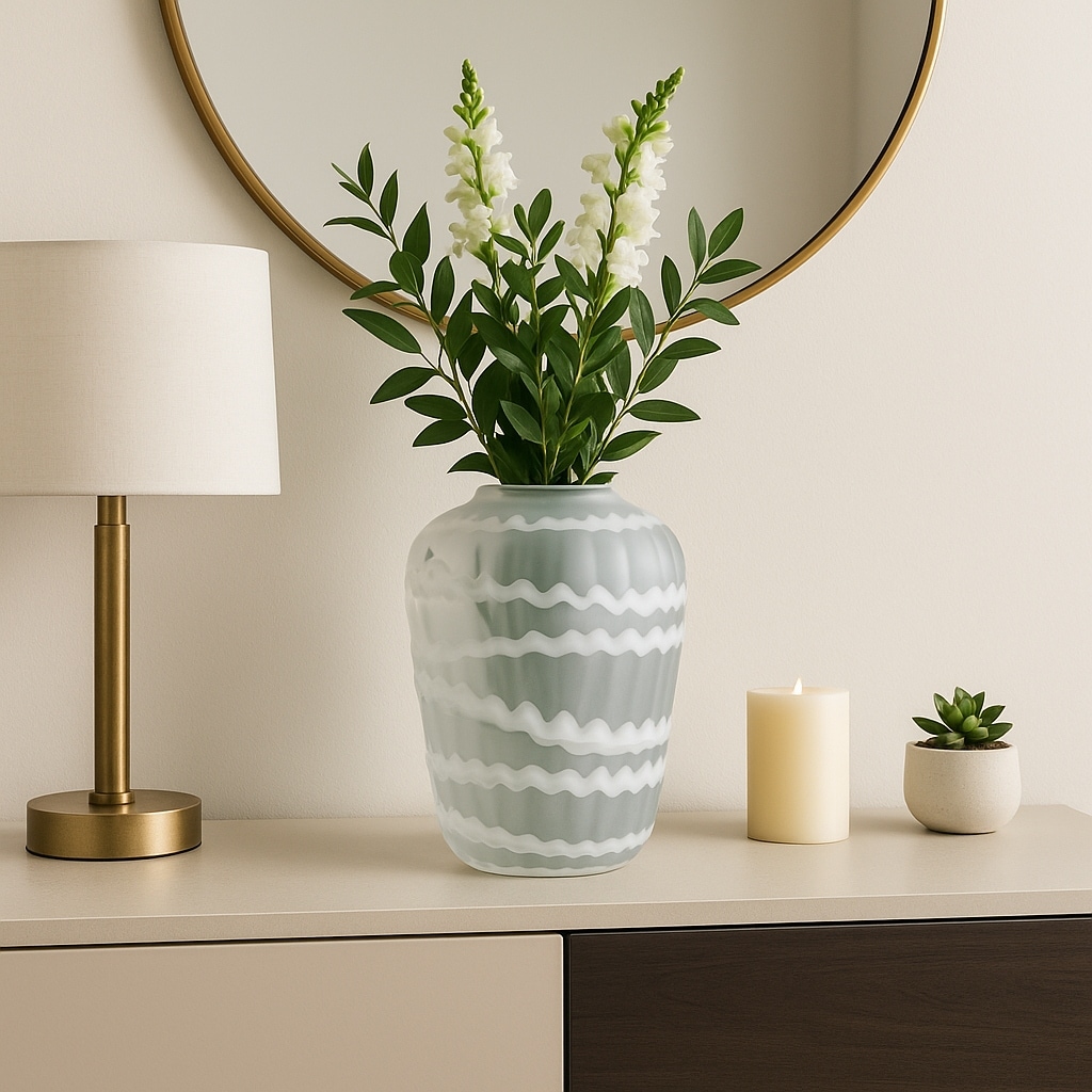 Carved Glass Vase with Vertical Strips Pattern Finish - White