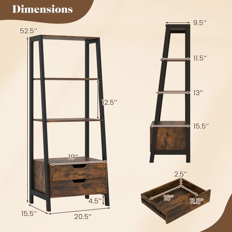 Ladder Bookshelf 4-Tier Freestanding Bookcase with Drawers - 20.5" x 15.5" x 52.5"
