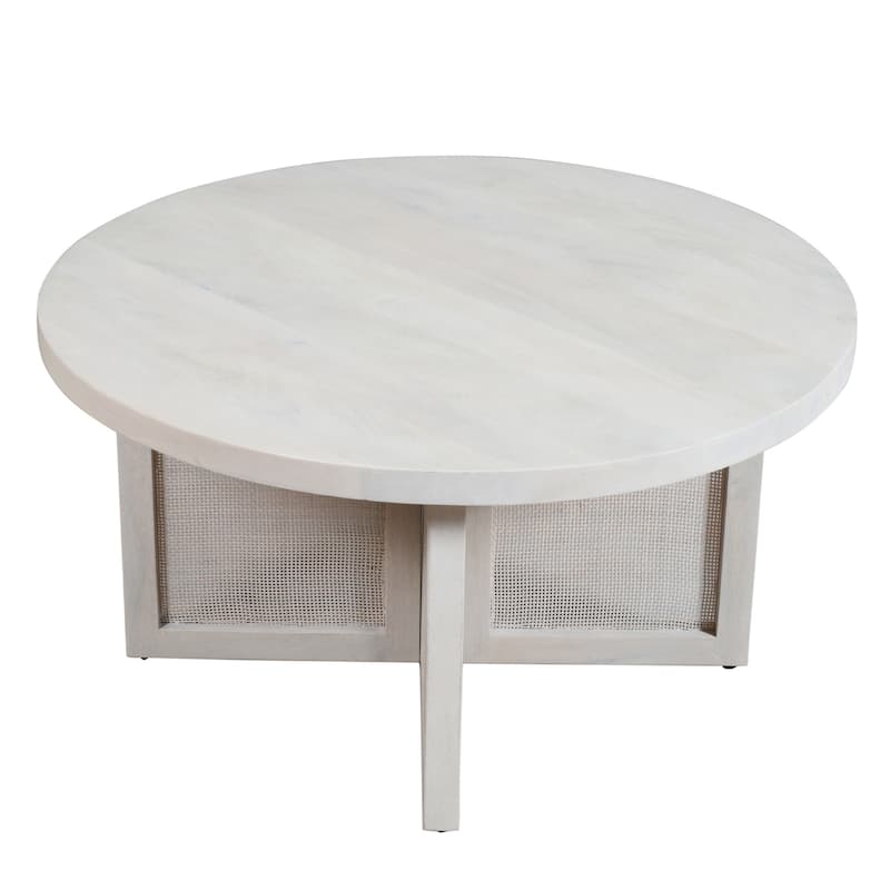 HomeRoots 36" White Solid Wood Round Cross Legs Coffee Table - 36.00 in. x 18.00 in. x 36.00 in.