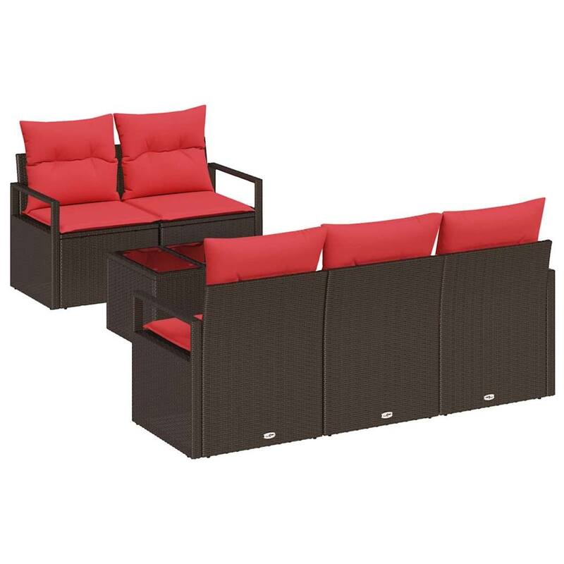 vidaXL 6 Garden Sofa Set with Cushions Black/Brown/Grey Poly Rattan - 68.9 x 24.4 x 27.2