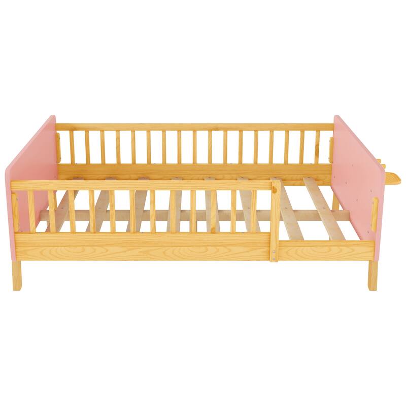 Kids Wood Platform Bed with Guardrails, Bottle Holder and 2 Hanging Rod, Convertible Toddler Daybed, Low Profile Design Frame