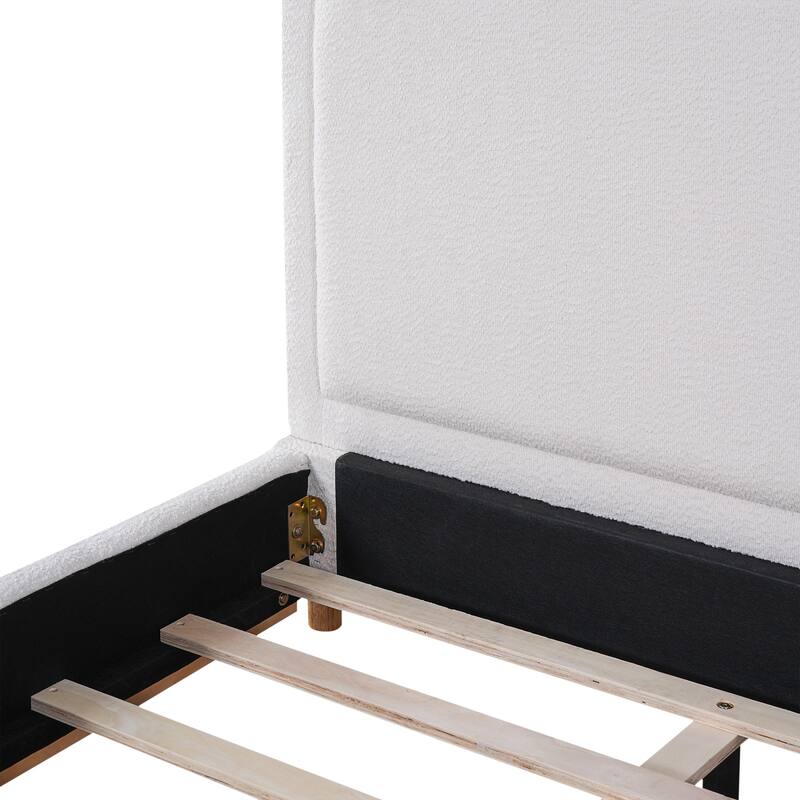 White Platform Bed Wingback Frame with Boucle Upholstered Curved Headboard, Solid Wood Base Low Profile Bed