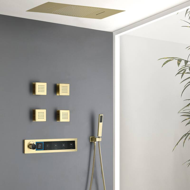 Modland Square Digital Rain and Waterfall Shower System with High-pressure Handheld Showerhead & 4 Massage Jets - Brushed Gold