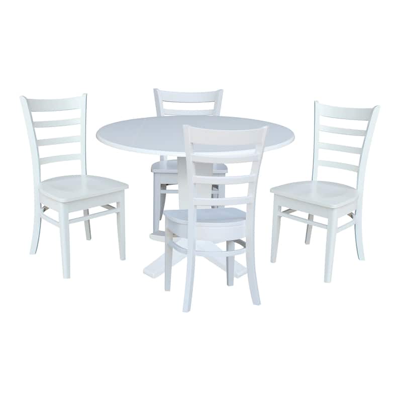 42 in Solid Wood Round Drop Leaf Pedestal Table with Dining Chairs in White - 5-Piece