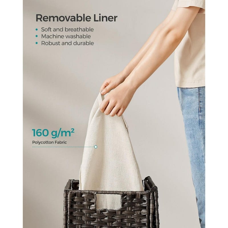 Portable Wicker Basket with Lid Waterproof Foldable Laundry Hamper with Washable Liner and Cut-Out Handles