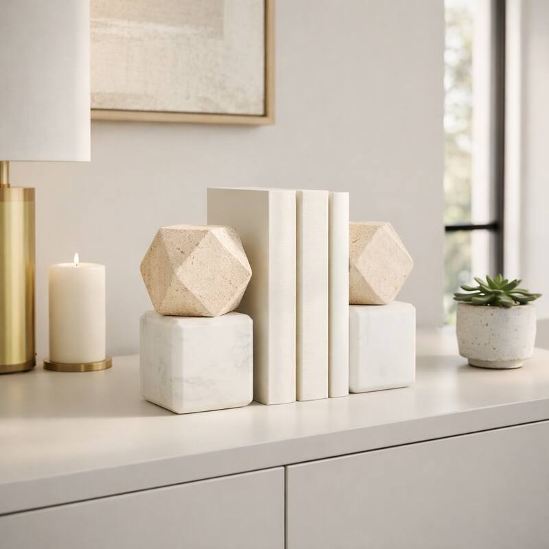 Decorative Marble Bookends with Hexagon Orb - Set of 2, 6"