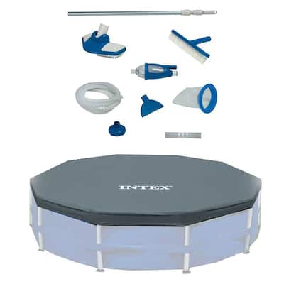 Intex Deluxe Maintenance Cleaning Kit & 12-Foot Round Frame Easy Set Pool Cover - 7.62