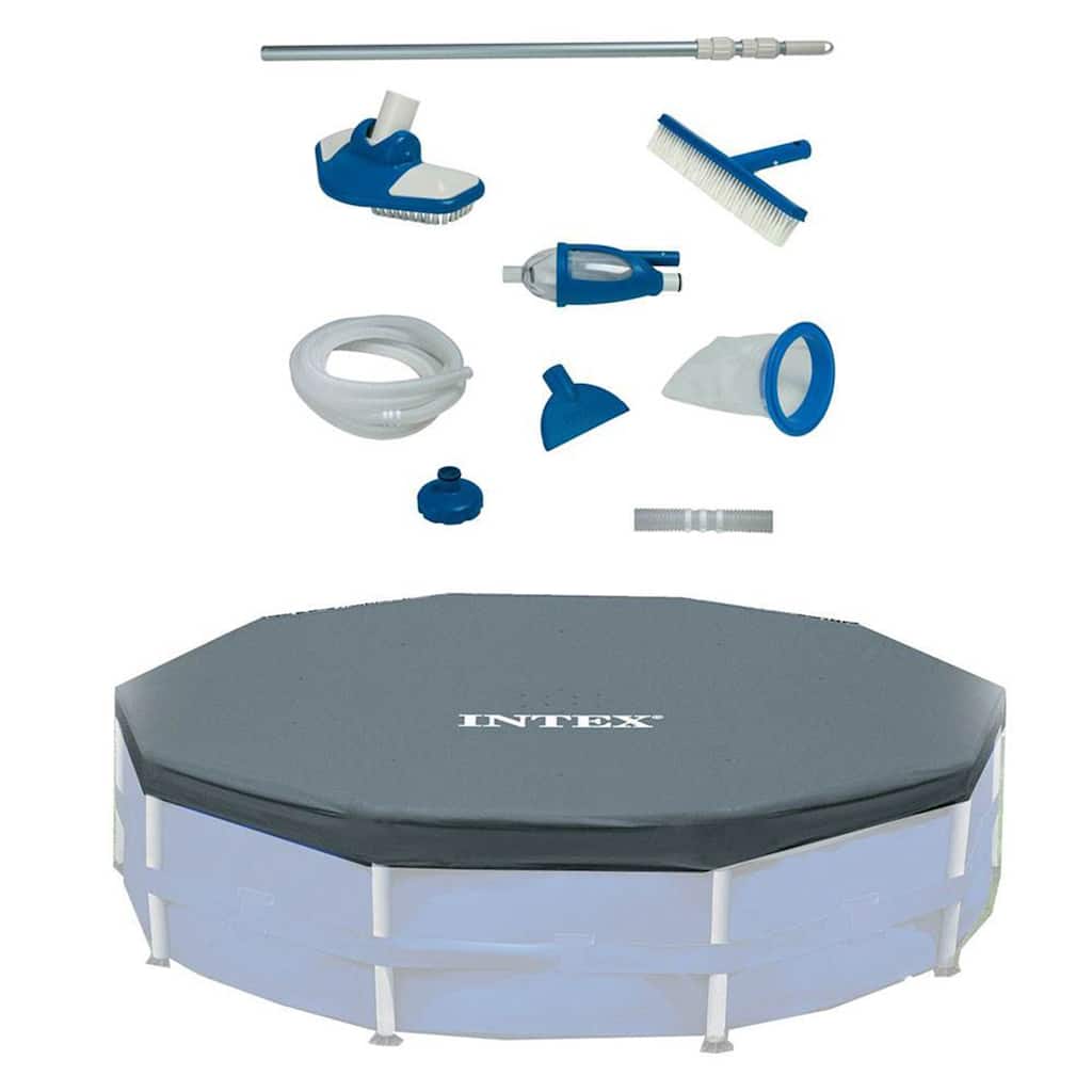 Intex Deluxe Maintenance Cleaning Kit & 12-Foot Round Frame Easy Set Pool Cover - 7.62